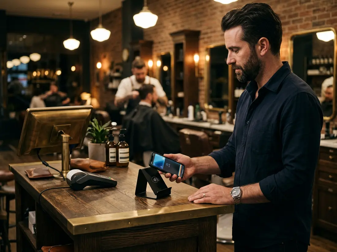 Un client tape son téléphone sur le présentoir NFC Digify dans un barbershop