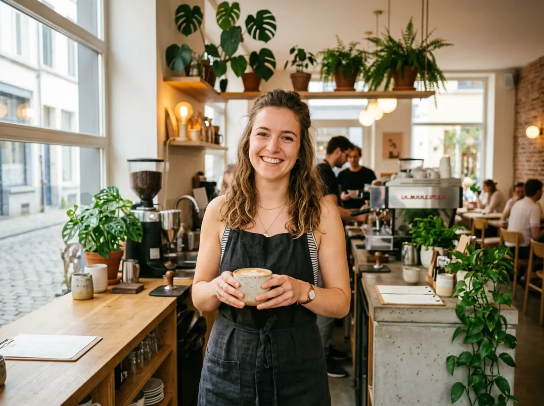 Une gérante de café souriante derrière son comptoir